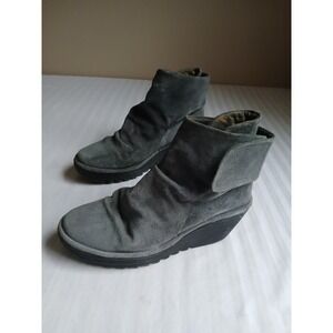 Fly London Boots 38 / 7.5 Yegi Grey Suede Ankle Wedge Western Boho Classic